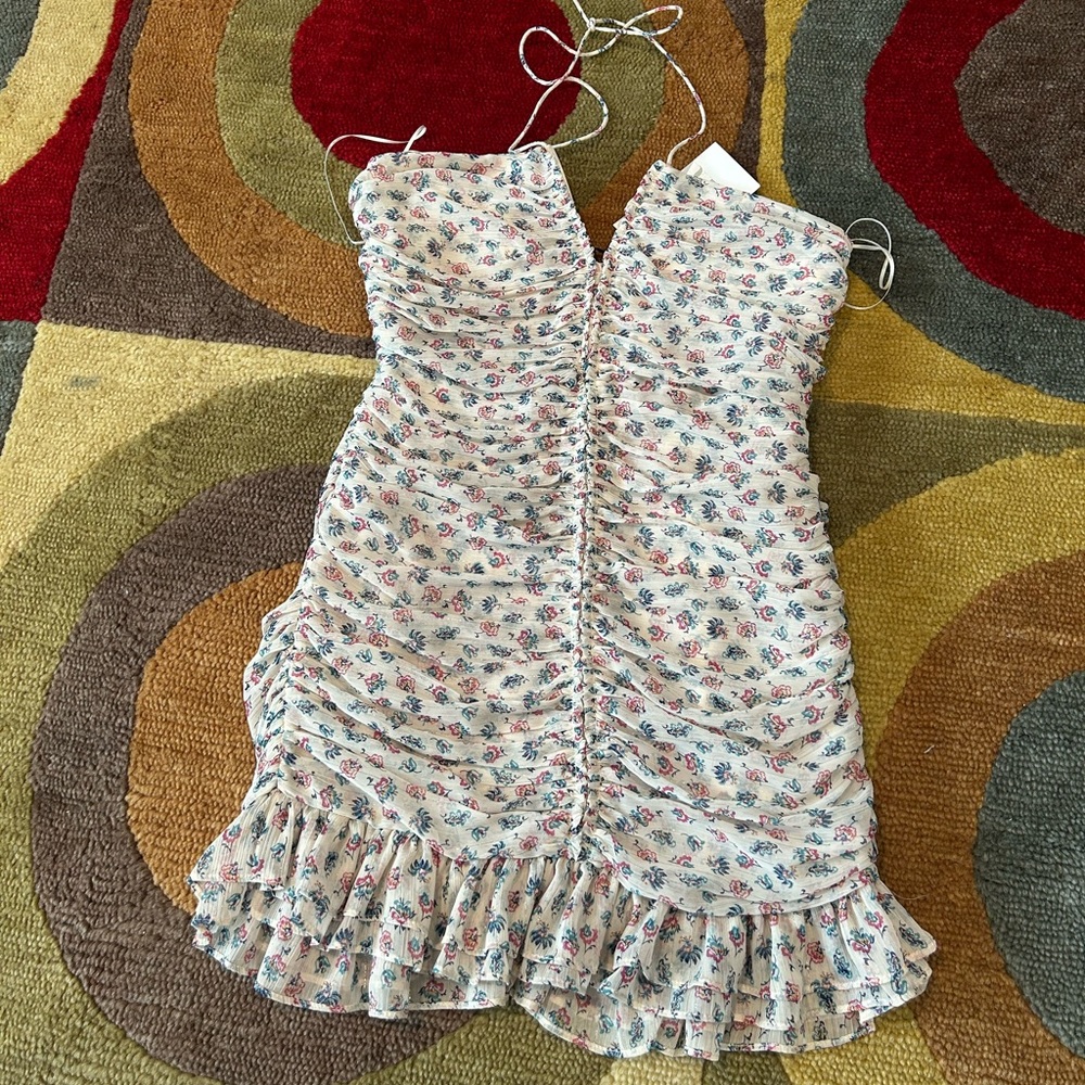 NWT Zara White Floral Print Halter Ruffle Dress Mini Runs Very Short Size Small